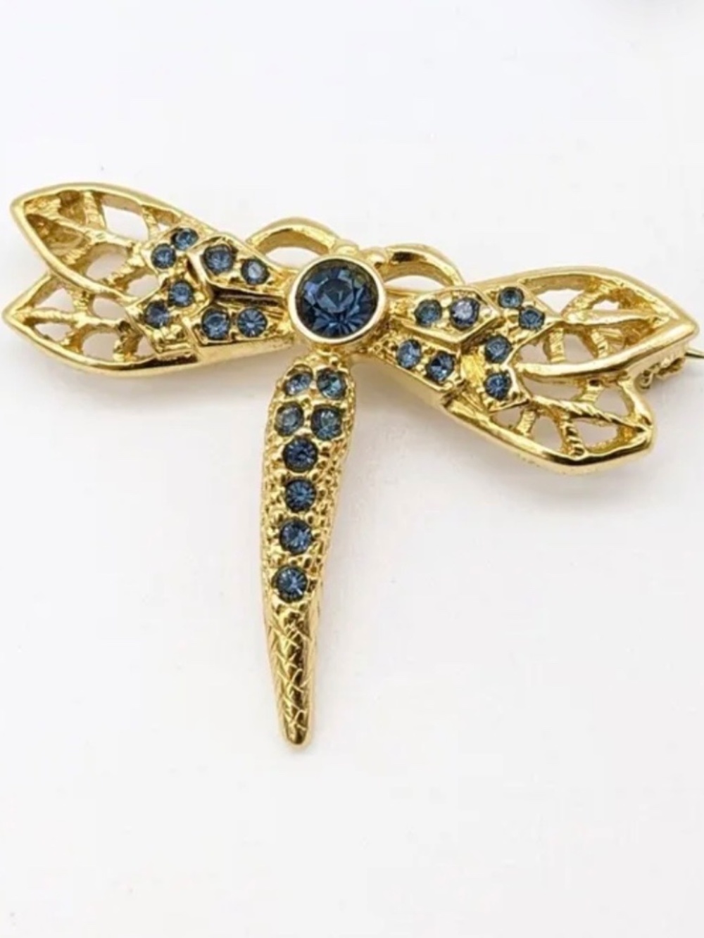 Art Nouveau Dragonfly Brooch: Golden Blue Rhinestone Vintage Pin